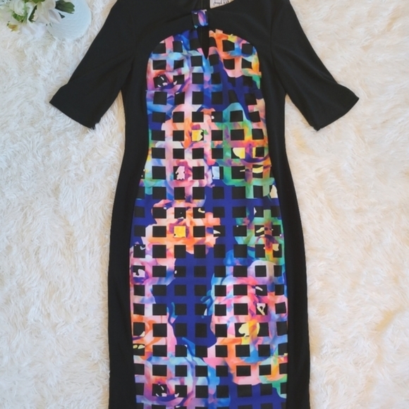 Joseph Ribkoff Size 8 Black Patterned Sheath Bodycon Dress Black Multi Coloured - Picture 2 of 12